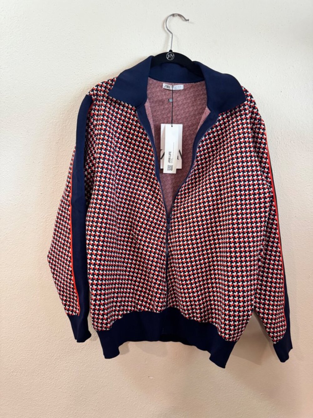 NWT Women'Zara Geometric Knit Zip-Up Jacket, Navy Red White, Size Medium